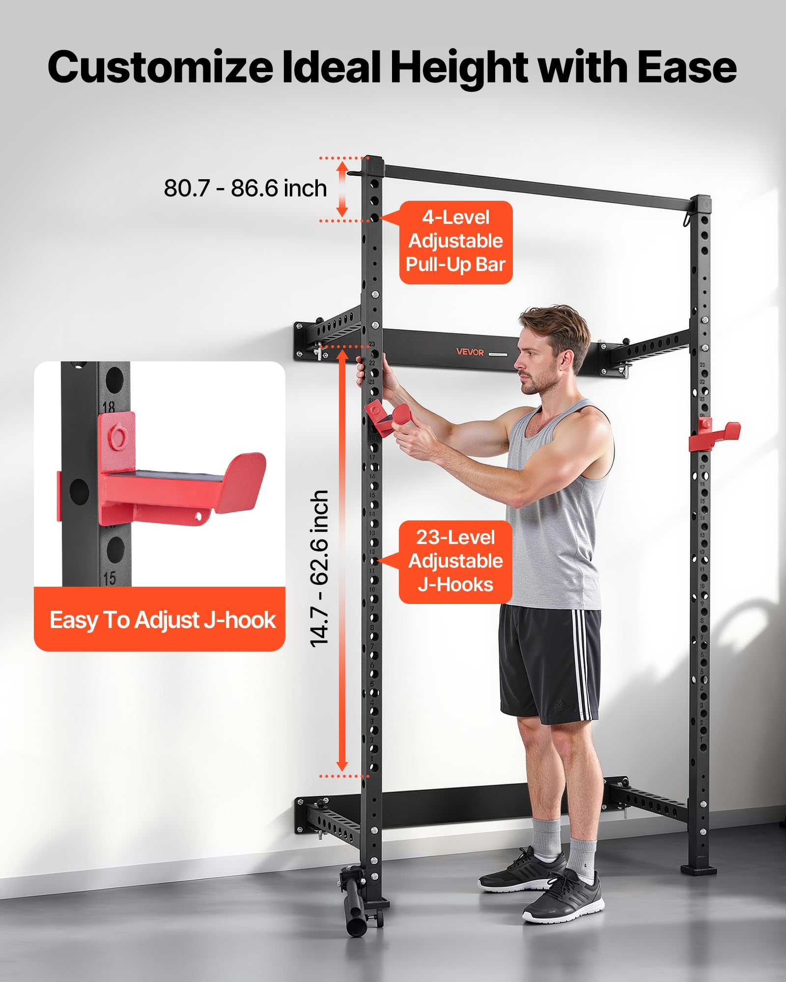 VEVOR Power Cage Klappbar 454 kg Belastbar, Wandmontiertes Power Rack, Multifunktionales Krafttrainingsgerät mit Landminenbefestigung & verstellbaren J-Haken & Klimmzugstange für Heimfitnessstudio