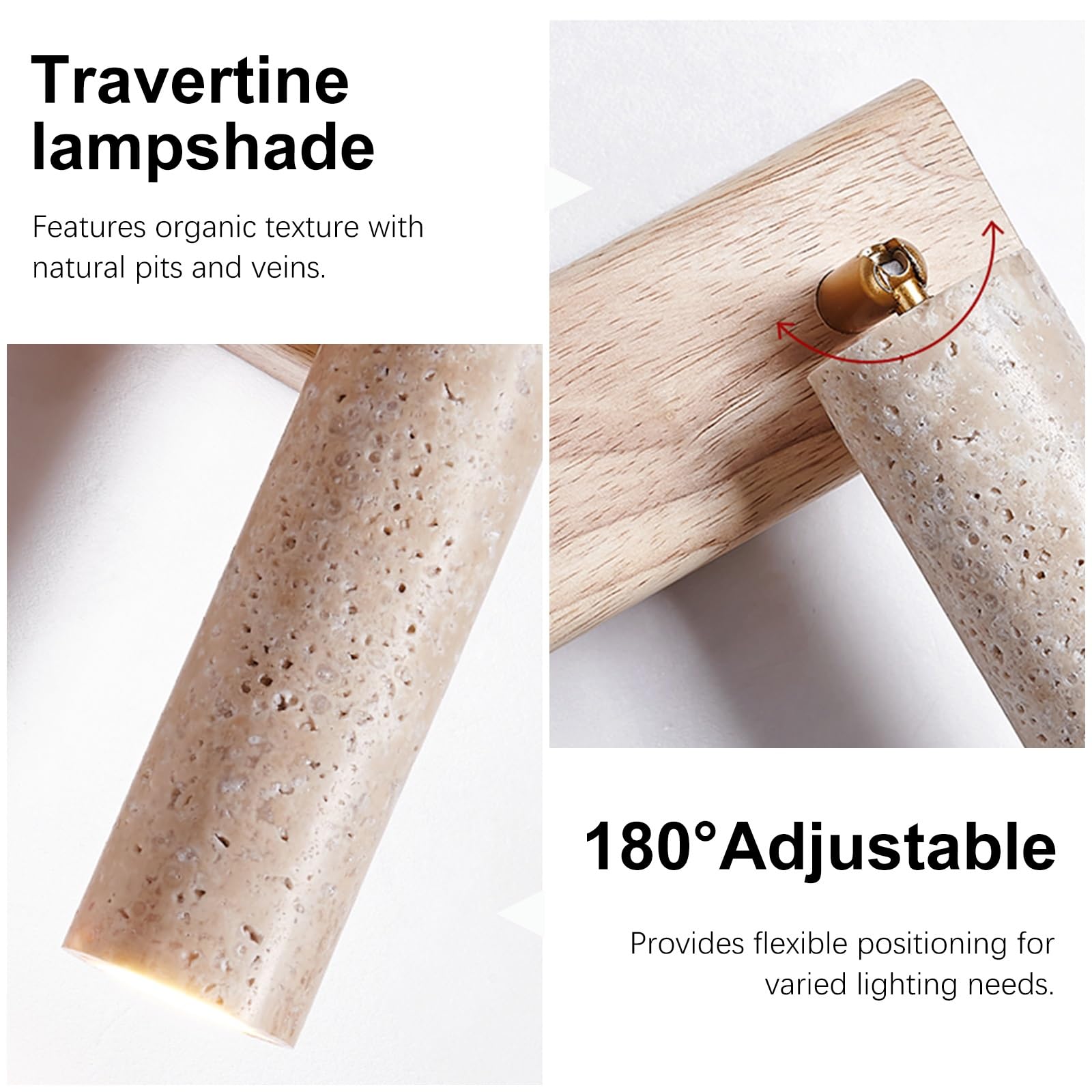 Nowoczesna lampa ścienna LED z kamienia, lampka nocna do czytania, żółty kinkiet z trawertynu z przełącznikiem pociąganym i drewnianą podstawą, regulowane(Walnut color,Left)