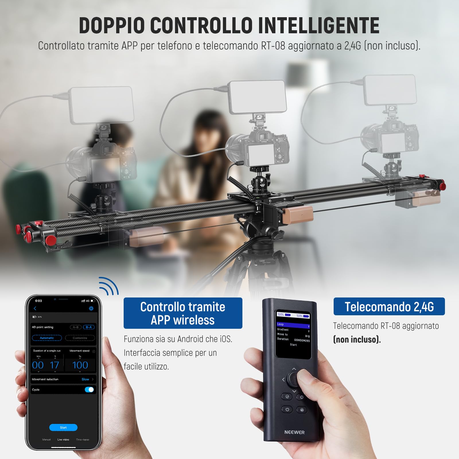 NEEWER 120cm Camera Slider Motorizzato, Controllo App, Binario Dolly DSLR in Fibra Carbonio con Batteria F750 4400mAh (Caricabatterie Non Incluso), Supporta Modalità Video/Fotografia Time Lapse, ER1