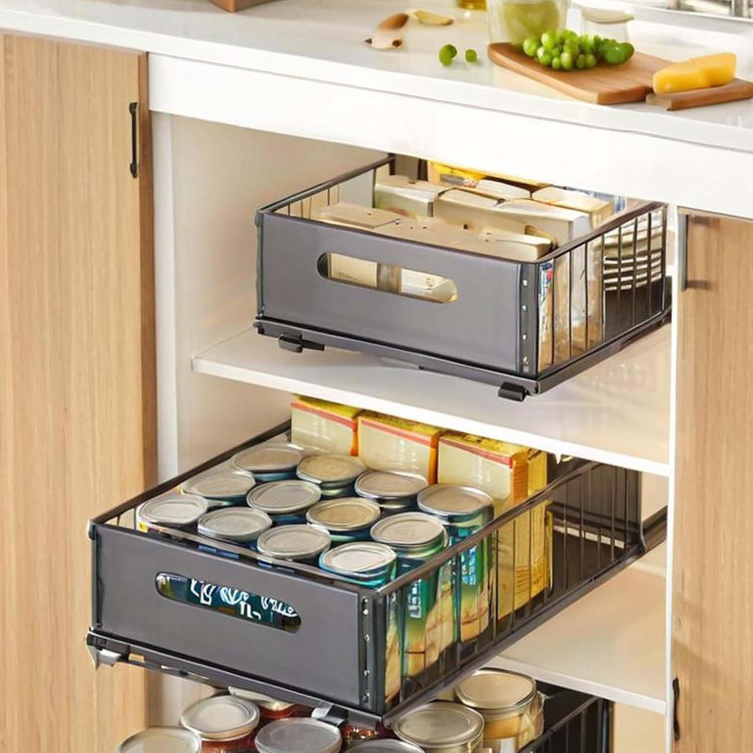 Slide-Out Storage Organizer 9.6"x14.8"x4" Matte Black Rustproof Carbon Steel Pull Out drawer Tray with Adhesive Taps and Screw Installation for Bathroom Cabinet,Under Sink, Dresser