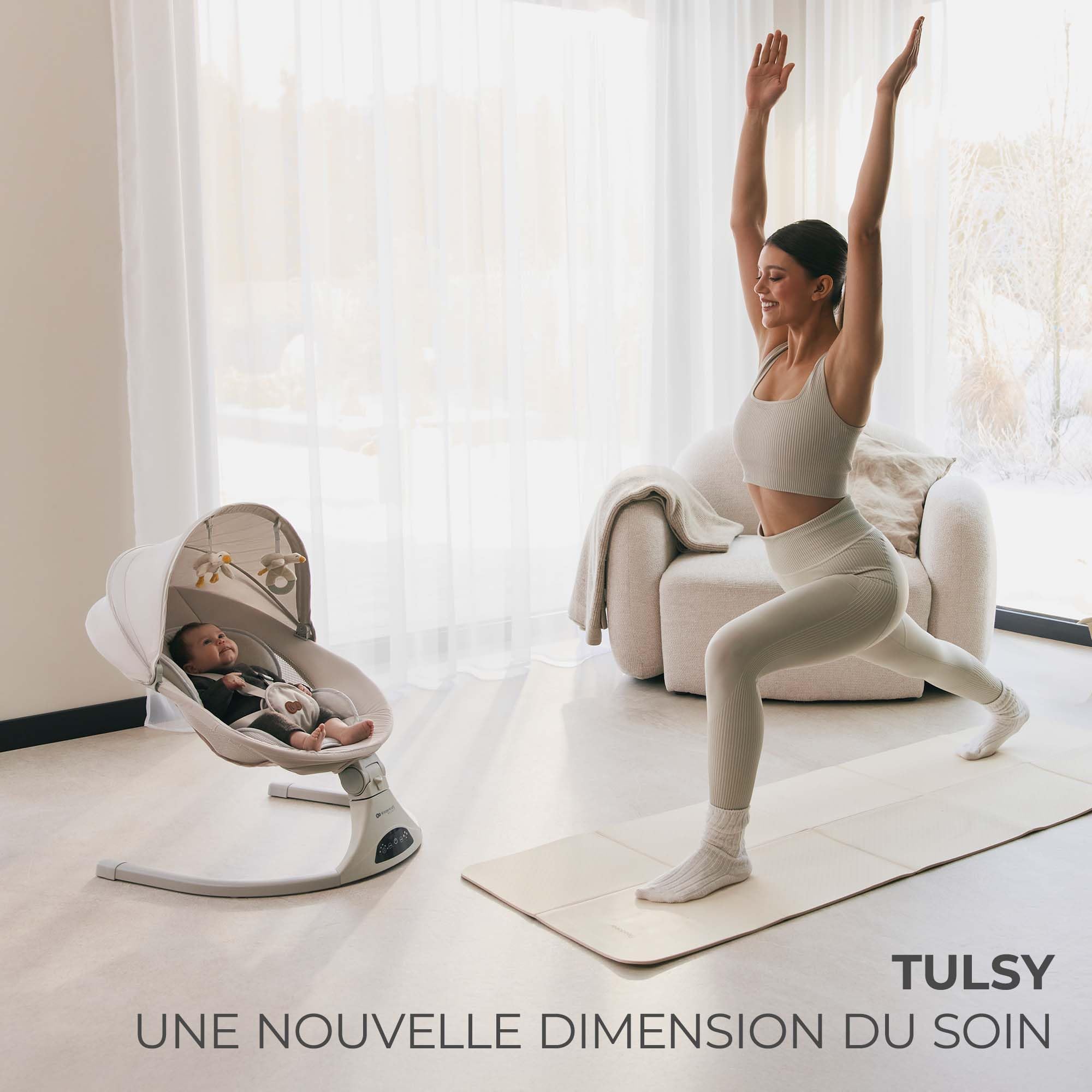 Kinderkraft TULSY Transat électrique pour bébé, 5 niveaux d'intensité, 12 mélodies préréglées, jouets amovibles, réglable, léger, Bluetooth et USB, harnais à 5 points, beige