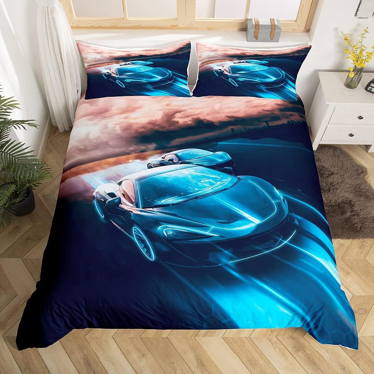 Homewish Sports Duvet Cover Super King, Boys Racing Comforter Cover, Teens Cool Extreme Sport Bedding Set, Speed Automobile Hobby Activity Bedroom Decor, Kids Car Theme Room Decor, Blue — image 1