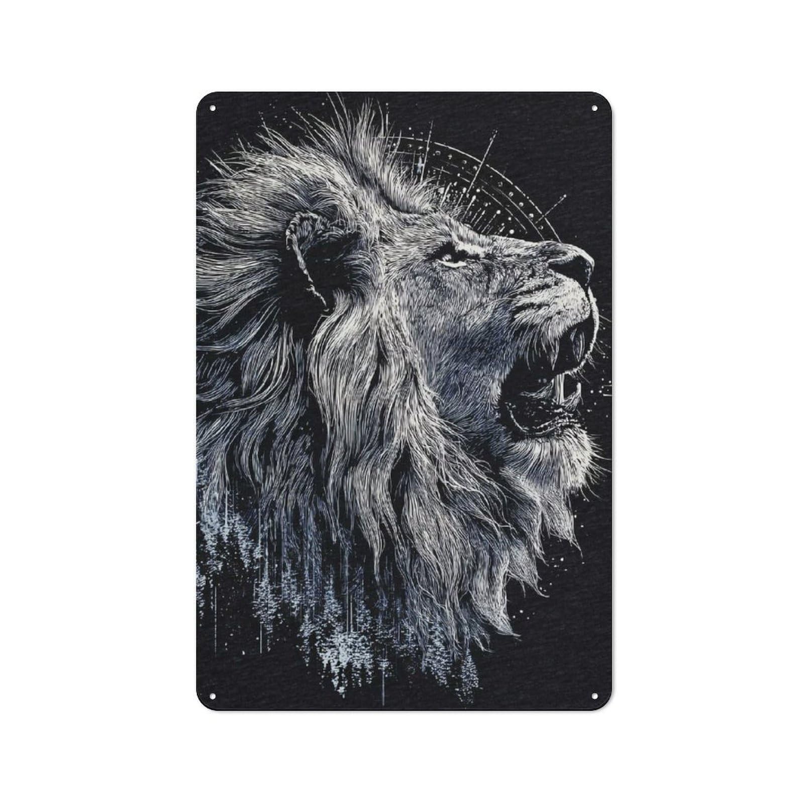 Junmoney Style-17 Lion Roar Black And White Art Retro Tin Wall Plaque 30X20cm For Guest Room Or Hallway, For Vintage Wall Decor Fans, For Themed Room Decoration