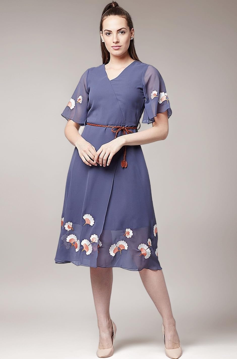Women and Girls Polyester Regular Fit and Flare V-Neck Solid Print Midi Length Short Sleeves Purple Party Dress