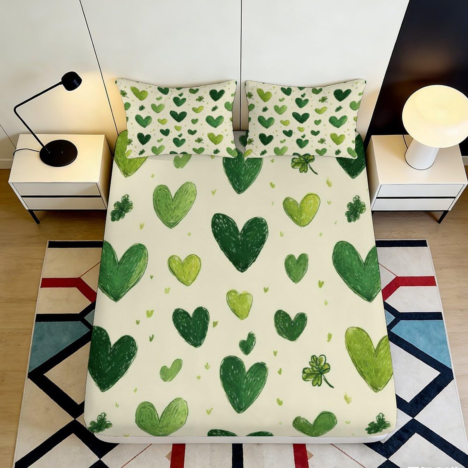 3D Printed Green Leaf Heart Fitted Sheet Microfiber Soft Decorative Mattress Cover for Bedroom Guest Room Dorm 90x200x25cm