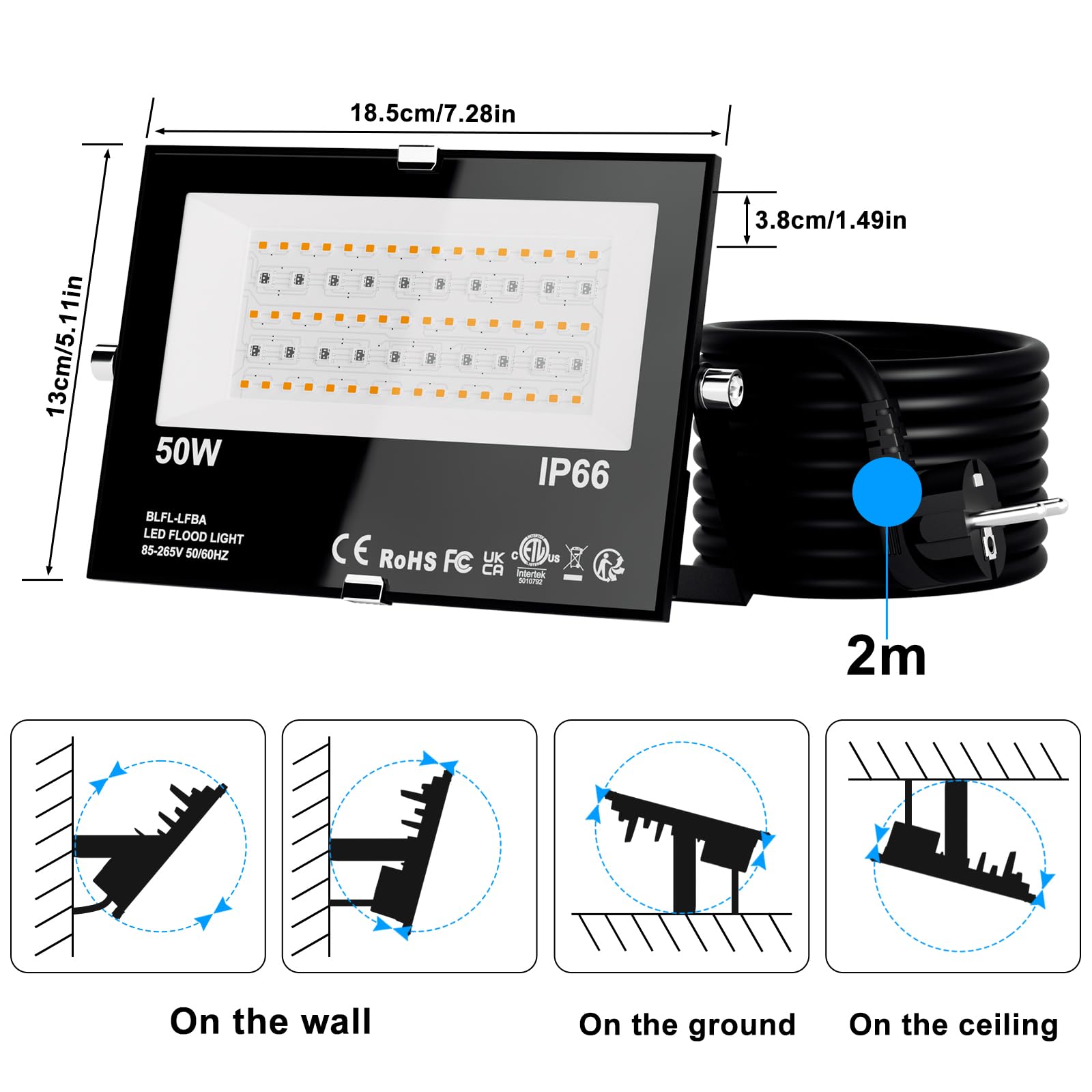 LED Strahler Außen RGB 50W Flutlicht Dimmbar Bunt & Kaltweiß, Smart Bluetooth APP Steuerung Flutlichtstrahler, IP66 Wasserdicht Aussenstrahler, Fluter für Aussen Innen Garten Hinterhof, Garage-4 Stk
