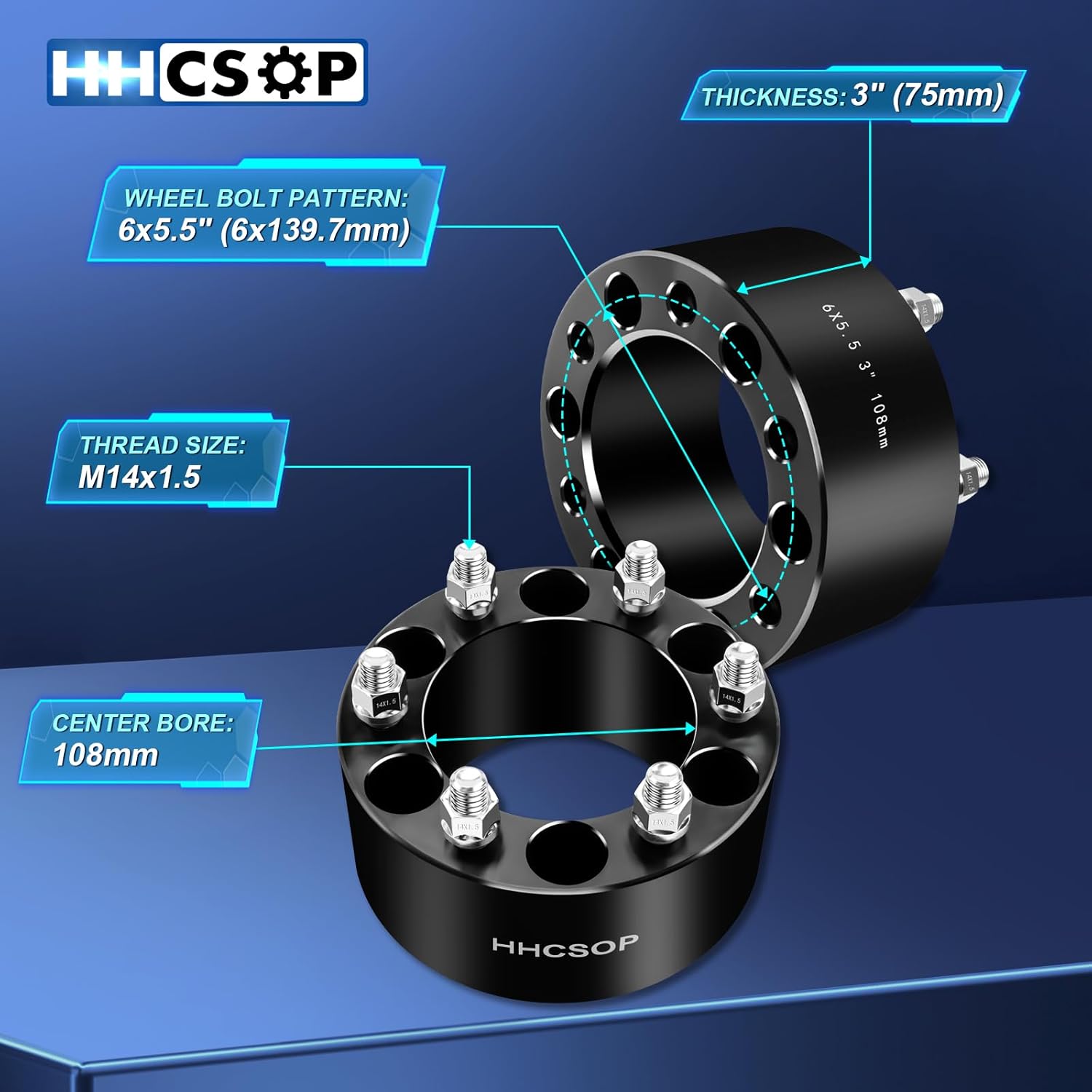 4PCS 6x5.5 Wheel Spacers 3" (75mm) for Chevy Silverado Suburban Express 1500 C2500 K2500 Tahoe GMC Sierra 1500 Yukon Cadillac Escalade EXT ESV, 6x139.7 Wheel Adapters 108mm Bore with 14x1.5 Studs