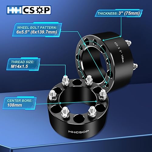 Vista 2 de HHCSOP Espaciadores de rueda de 6 x 5.5 pulgadas de diámetro de 3 pulgadas (2.953 in) con pernos M14x1.5 para Chevy Silverado Suburban Avalanche