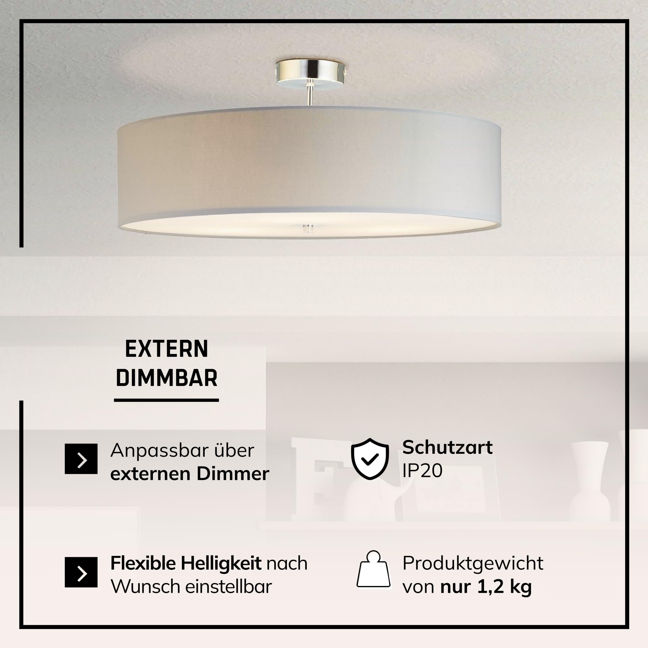 Lightbox Lampada da soffitto design semplice con paralume in tessuto | Ø 60 cm | plafoniera moderna | 3x presa E27 | in metallo/tessuto grigio chiaro/cromo