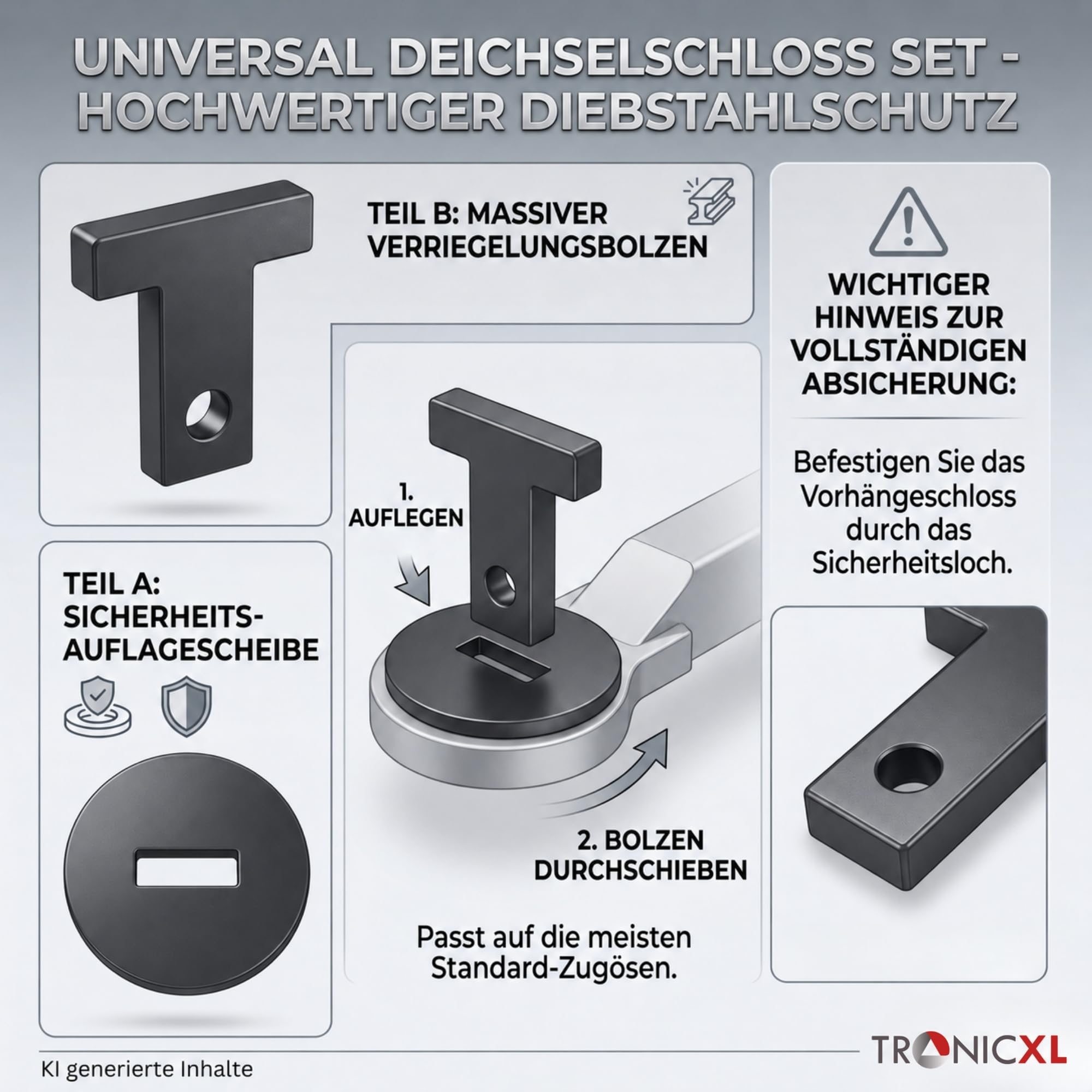 TronicXL Blokada dyszla do traktora ciężarowego + zamek szyfrowy, blokada widelca pociągowego, zabezpieczenie przed kradzieżą, przyczepa pasuje do oczek dyszowych DIN 40 mm