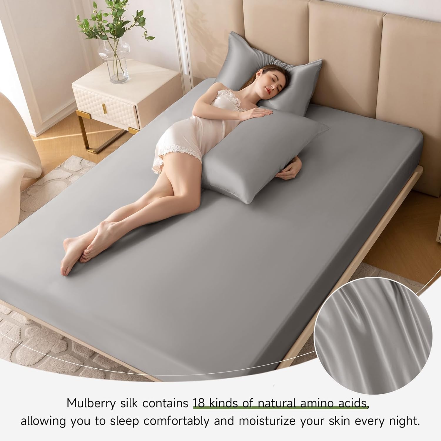 THXSILK Silk Fitted Sheet King Size with Deep Pocket, 22 Momme 100% Mulberry Silk Breathable Cooling Comfortable Safe Material Ultra Soft Bedding, 1 Fitted Sheet Only, Grey
