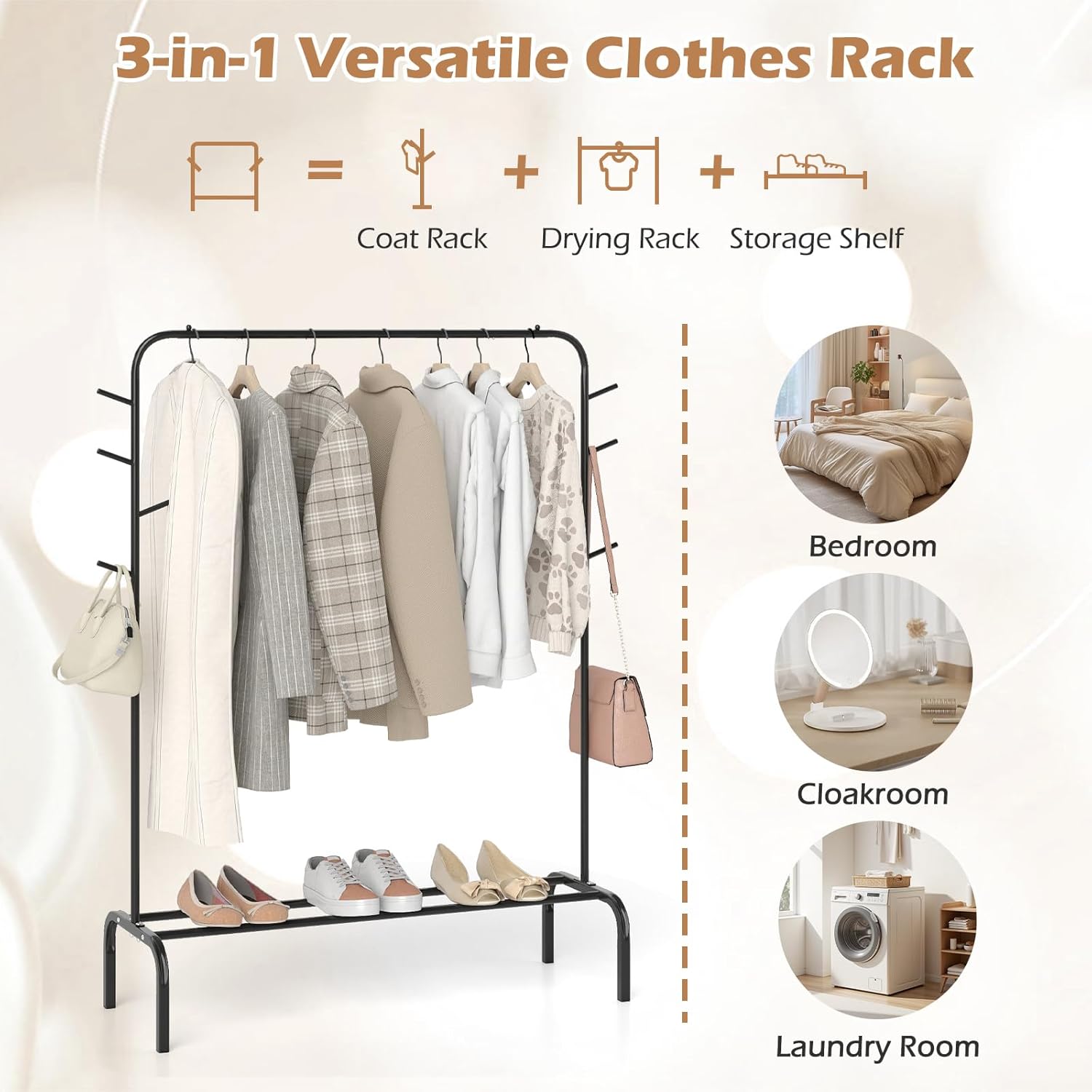 Giantex Clothes Rack for Hanging, 50" Wide Freestanding Garment Rack with Hanging Rod, 8 Hooks & Storage Shelf, Heavy-duty Metal Clothing Racks Wardrobe Organizer for Bedroom, Entryway, Laundry