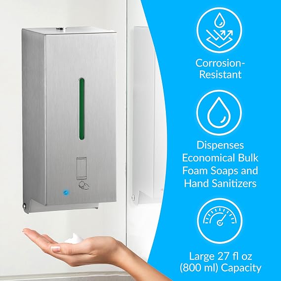 BOBRICK 2013 Stainless Steel Automatic Wall-Mounted Foam Soap Dispenser, Satin Finish, 27-FL oz. 4-1/4 W, 10-17/32 H, 4-7/32 D