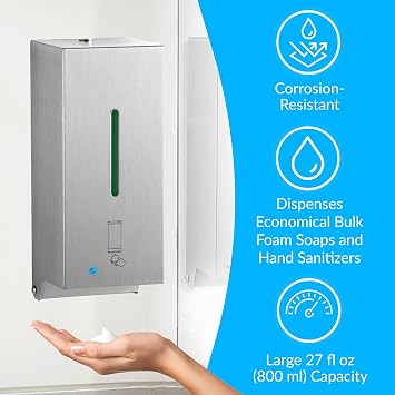BOBRICK 2013 Stainless Steel Automatic Wall-Mounted Foam Soap Dispenser, Satin Finish, 27-FL oz. 4-1/4 W, 10-17/32 H, 4-7/32 D