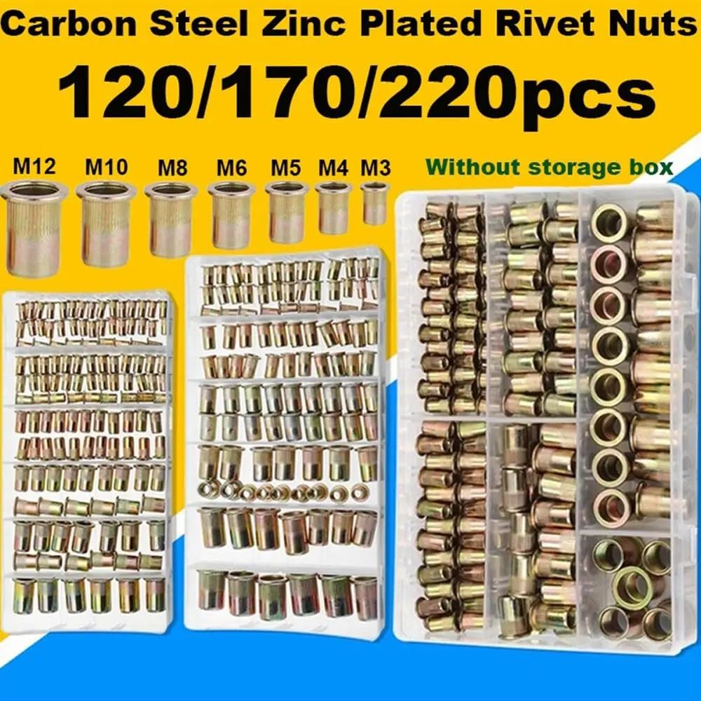 Dado Per Rivetto,Rivetti Filettati 220/170/12 0PCS. Acciaio al carbonio Dadi per rivetti Set M3 M4 M5 M6 M8 M10 Con la scatola Multi Size Inserire Dadi per rivetti di piatto testa filettata Nuts (Siz