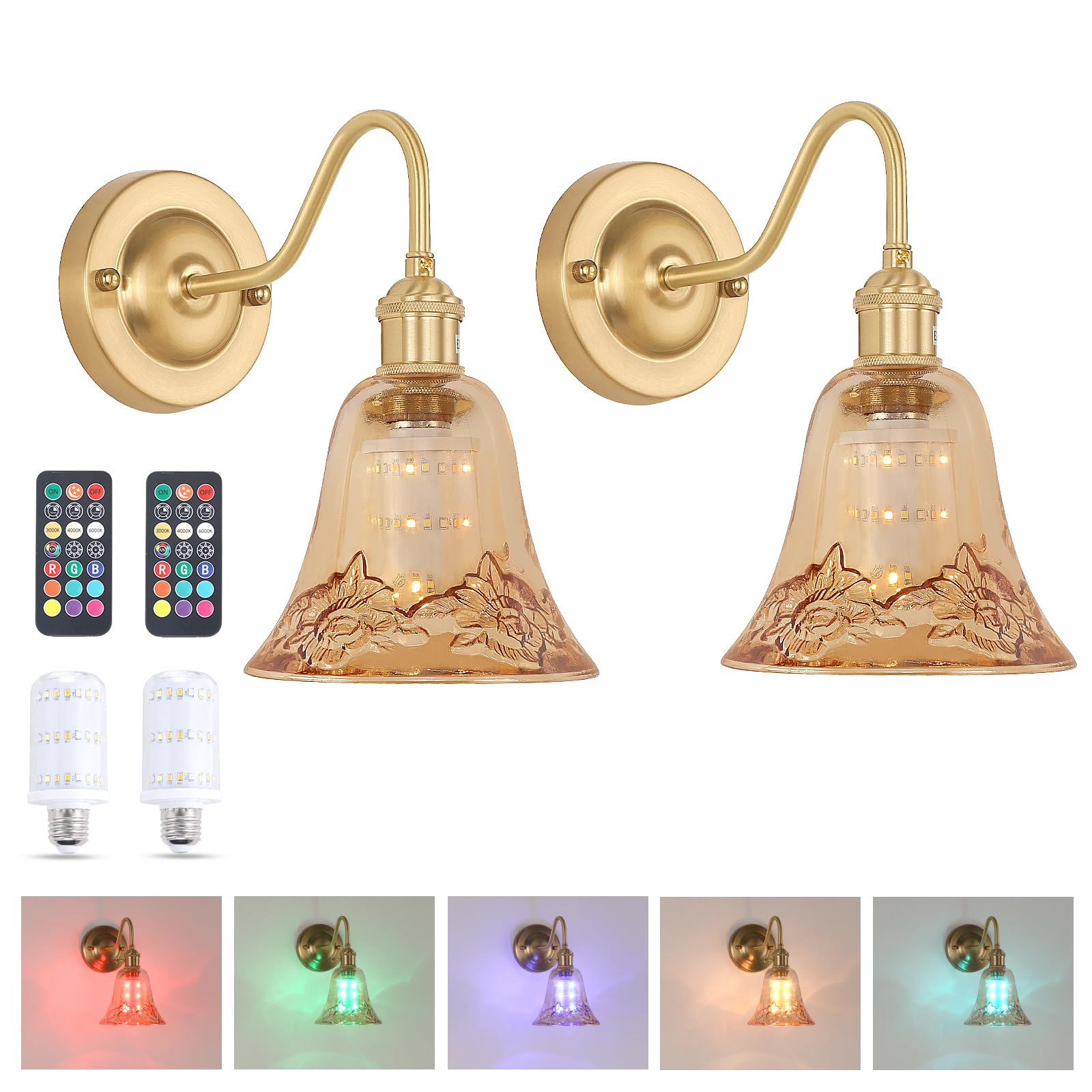 Shenmoyl Battery Operated Wall Sconce Set of 2, Vintage Rechargeable Wall Lights with Amber Morning Glory Glass Shade, Wireless Indoor Wall Lamp with Remote for Bedroom Living Room Bathroom