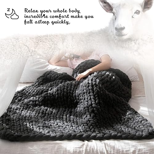 Miniatura 3 de Manta de punto grueso, mezcla de lana merina, hilo gigante, suave, hecha a mano, decoración del hogar, color negro, 50 x 60 pulgadas