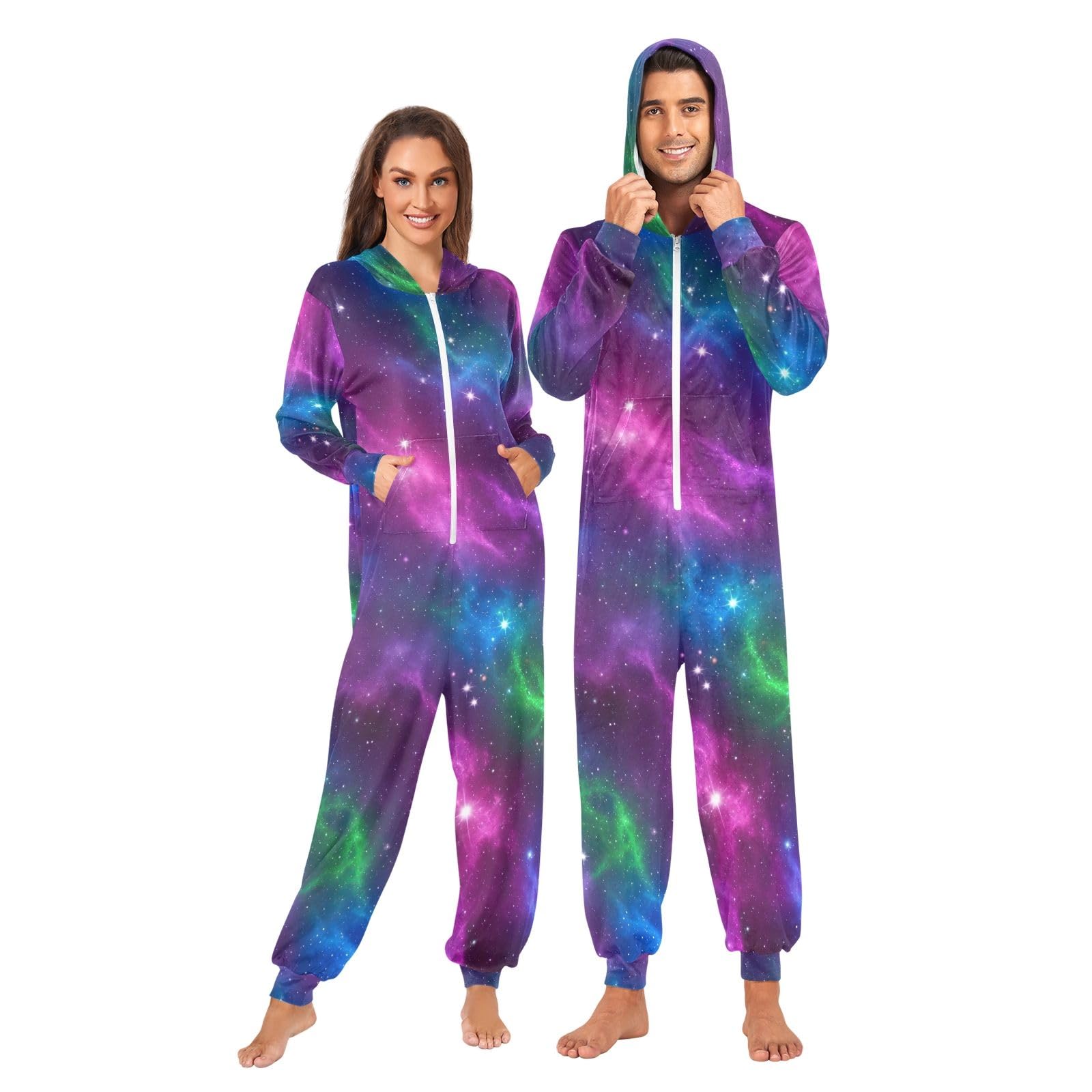 Tutina da adulto colorata con nebulosa galassia per uomo e donna, tuta in pile con cappuccio, costume da pigiama con cerniera