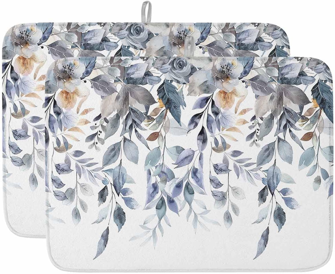 Dish Drying Mat for Kitchen, Watercolor Blue Eucalyptus Leaf Winter Floral Absorbent Dish Drying Pad, Kitchen Counter Mat for Dishes Utensils Camping, 18"x24"(2 Pcs)