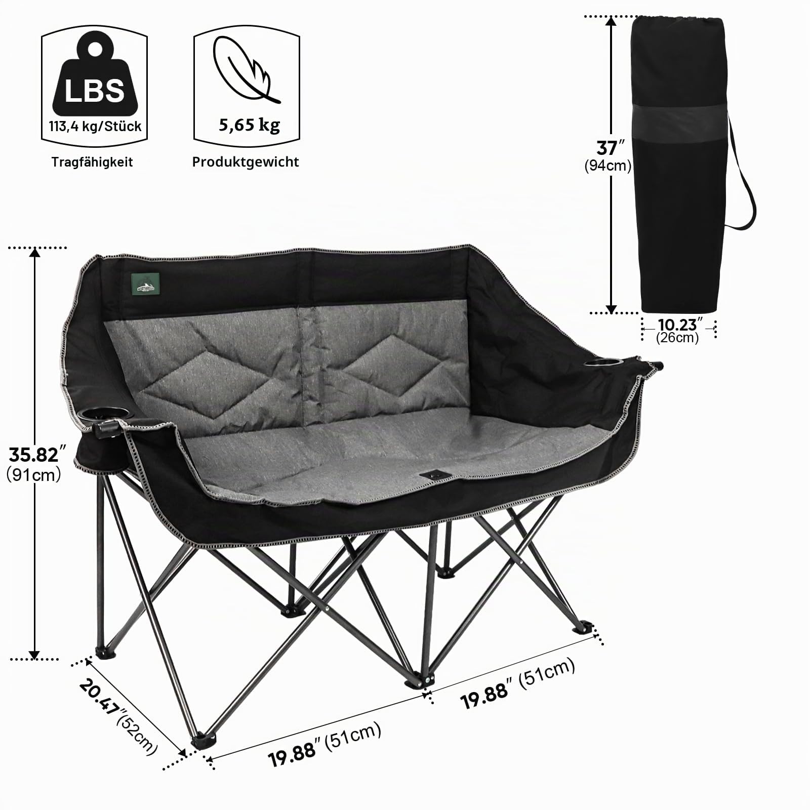 Northroad Folding Loveseat Camping Stuhl Portable Double Duo voll gepolsterte Gartenstuhl für 2 Personen Sofa w/2 Cup Holder, Weinglas Halter für Picknick Strand Reisen
