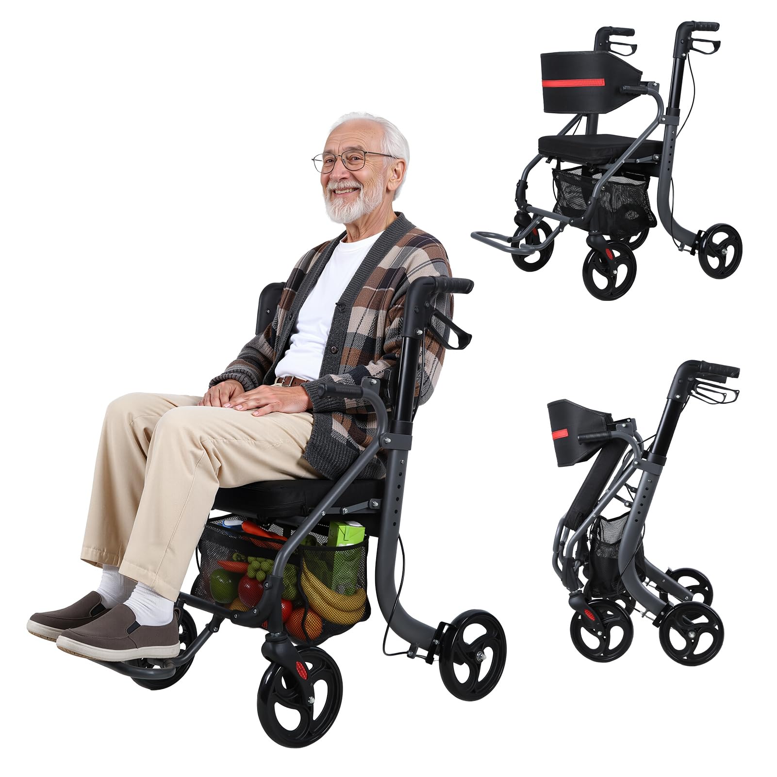 Chodziki dla seniorów z siedziskiem, 20 cm duże gumowe koła, chodzik rollator na każdy teren z siedziskiem, składany chodzik z regulacją wysokości, lekki stop aluminium, pomoc w chodzeniu dla