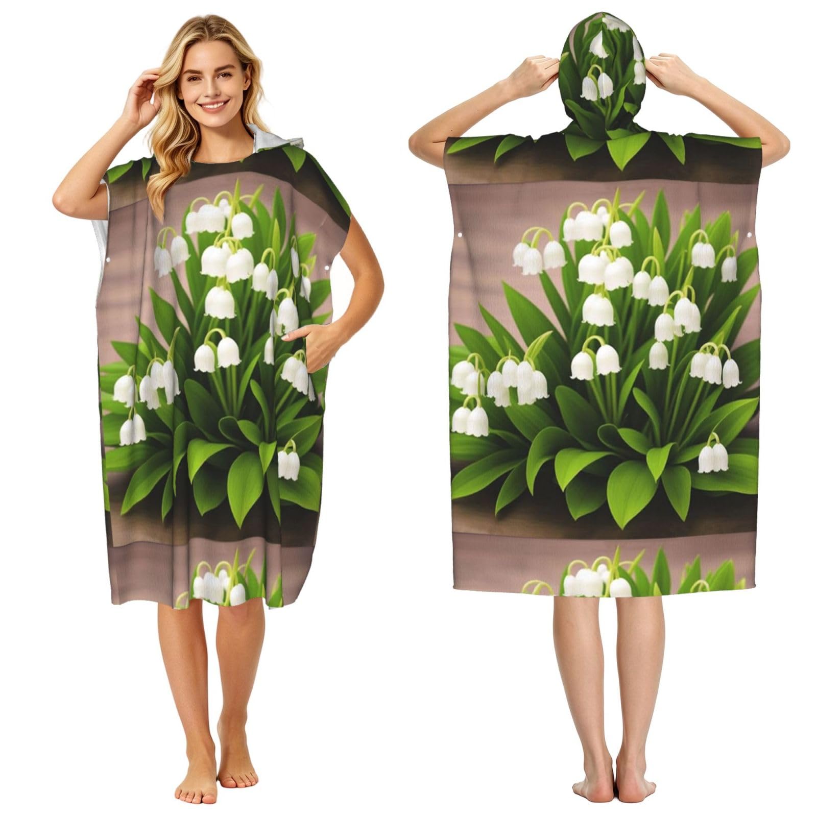 Poadnly Lily Of The Valley Flower Print, Adult Hooded Beach Towel 90 x 110 cm,Changing Bath Robe, Surf Poncho Towel For Women Men