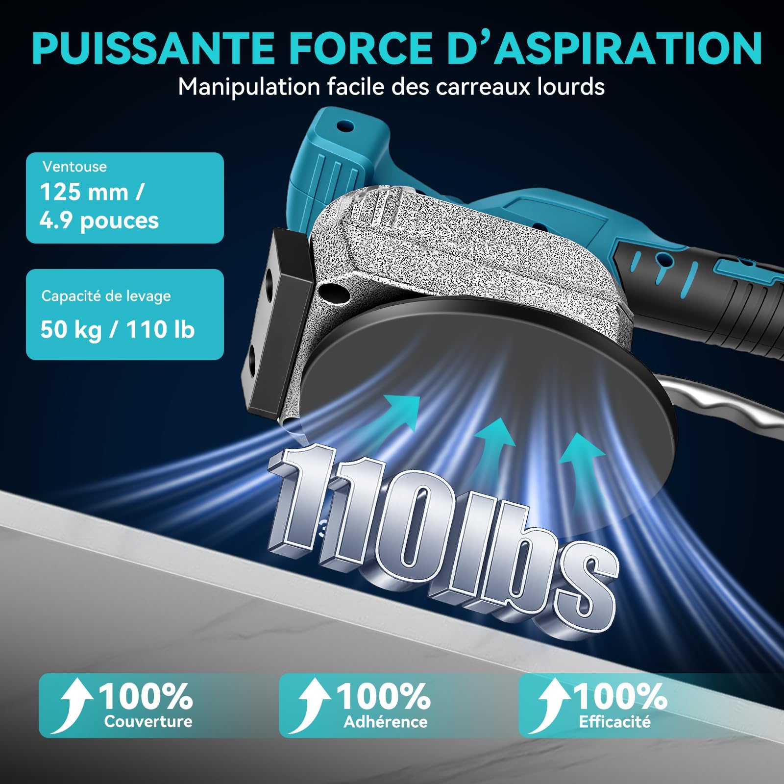 Agitatore per piastrelle con 2 batterie da 2000 mAh, dispositivo vibrante senza fili con potenza di aspirazione di 50 kg, ventosa da 125 mm, 5 velocità fino a 12000 giri/min, sollevatore per