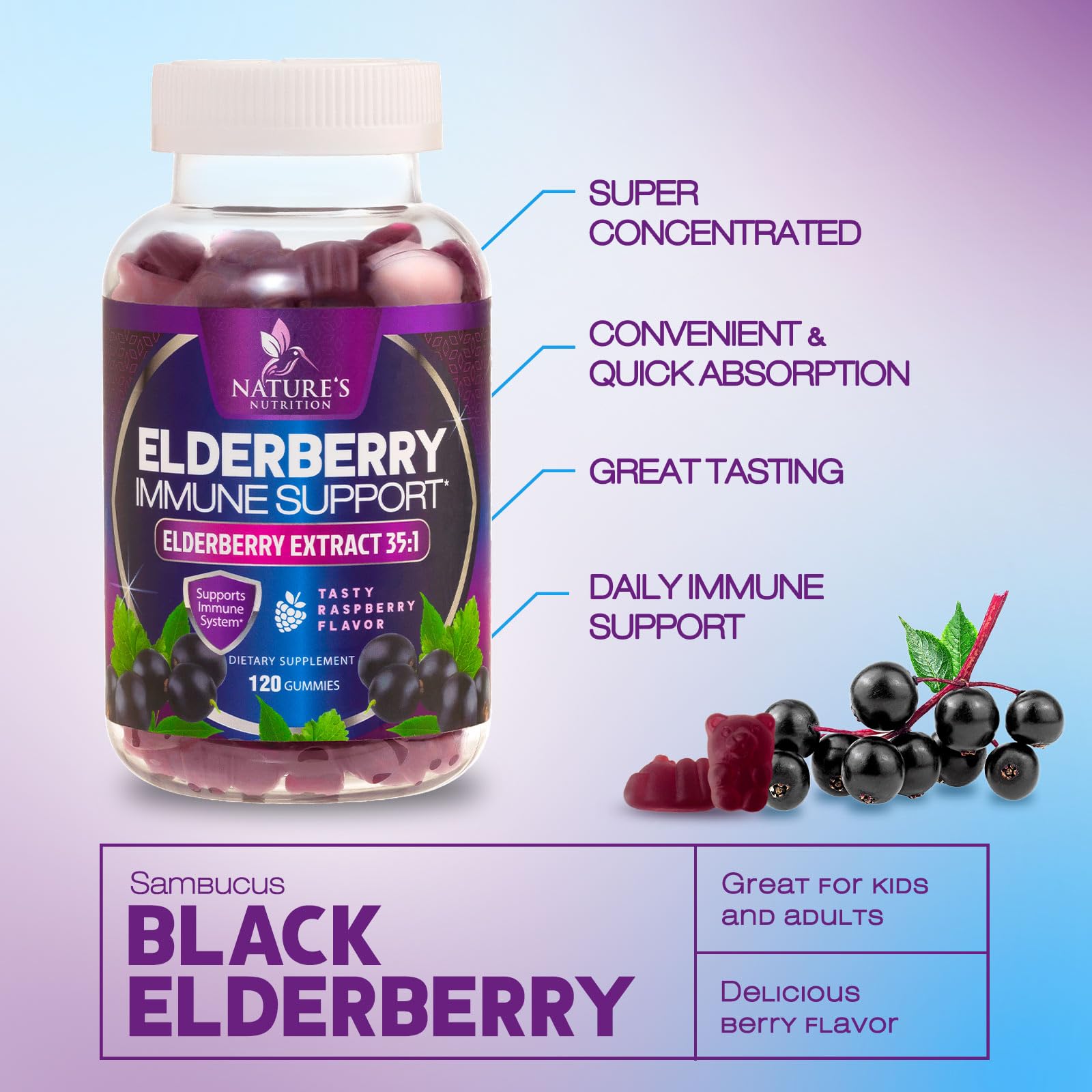 Elderberry Gummies 120mg - 3X Strength Black Elderberry Extract Sambucus Nigra Vitamin Supplement - Natural Daily Immune Support Gummy Adults & Kids Ages 4+ Love - Delicious Berry Flavor - 120 Gummies — Amazon image 3