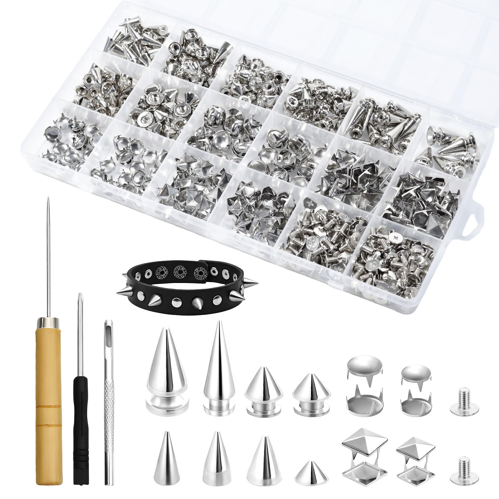 543 Sets Punk Studs and Spikes Kit，8 Size Cone Spikes, Square Pyramid Studs Round Leather Rivets for Leathercraft Clothing Accessories Dog Collar DIY Punk Style Decoration-image-27