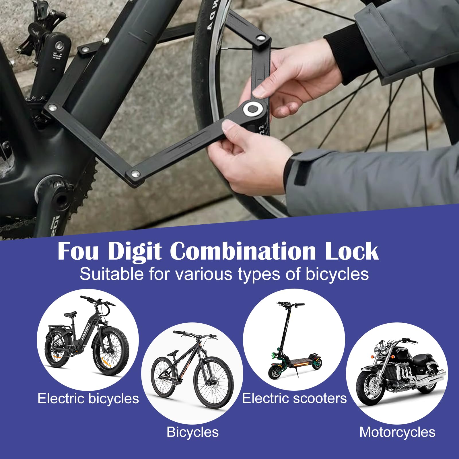 120 cm Candado Bicicleta Plegable, Candado Bicicleta Antirrobo con Soporte, Bike Lock con Combinación de 4 Dígitos y 10000 Combinación Posibles, Protección Antirrobo y alta Seguridad