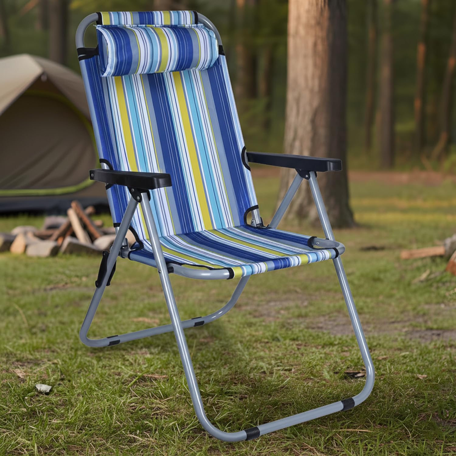 HACER Folding Beach Chair with Adjustable Pillow and Arm Rest Portable Lightweight Rainbow Stripped Foldable Fishing Chairs for Travelling Picnic & Outdoor Camping Hiking (Large, Yellow Stripe)-image-23