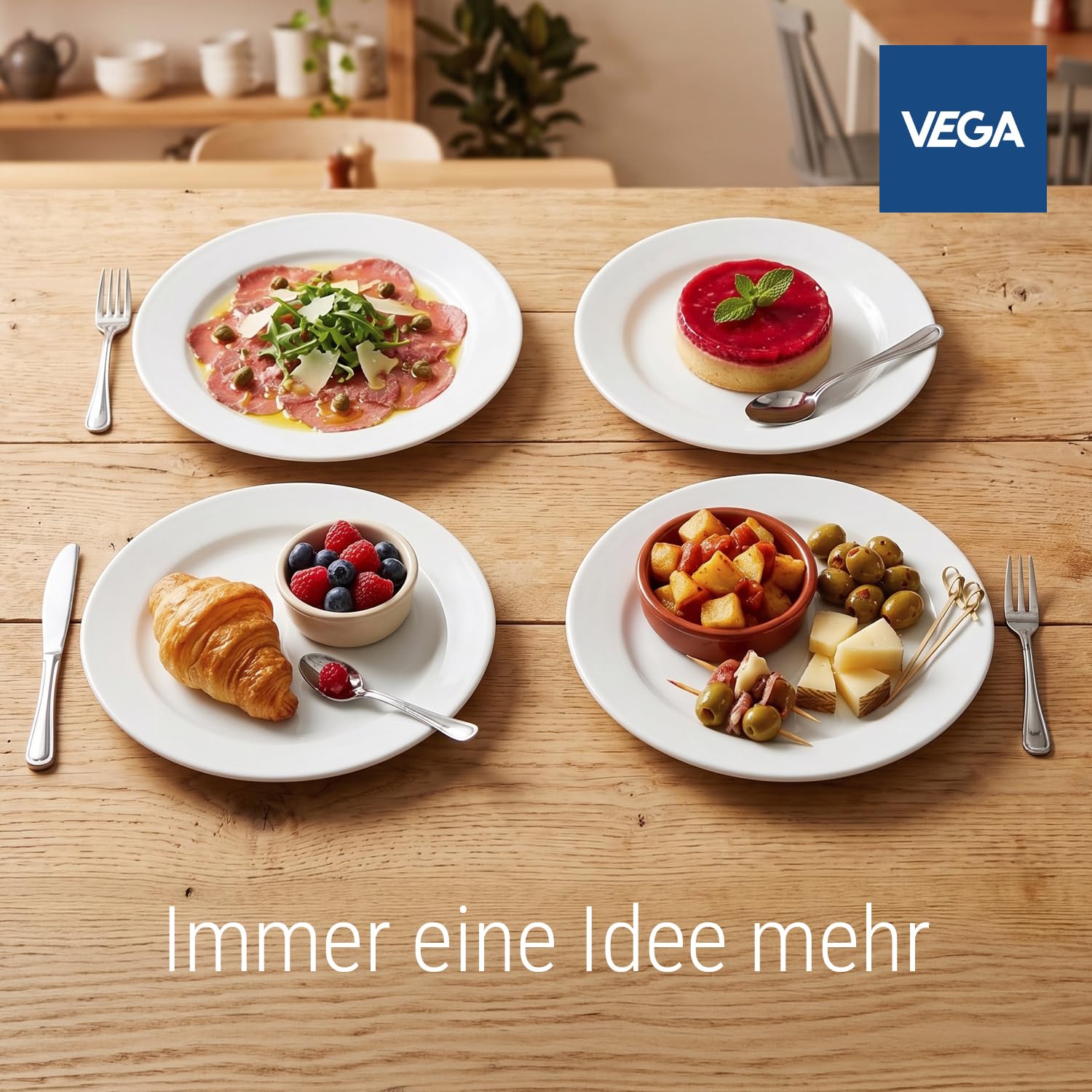 VEGA Base Teller flach 60 Personen – Ø 21 cm, Hotelporzellan weiß, spülmaschinenfest, mikrowellengeeignet, stapelbar – für Vorspeise, Salat, Dessert, Kuchen & Buffet – Robuste Gastro-Qualität