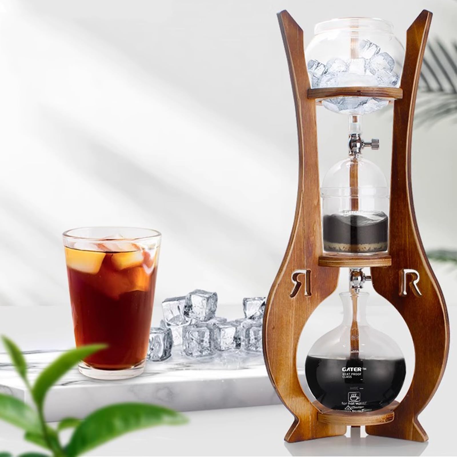 Cold Brew Kaffeeturm, Eisfilterkaffeemaschine Mit Doppelventil – Slow Drip-Technologie, Holzständer, Großes Fassungsvermögen 600 Ml, Für Das Homeoffice