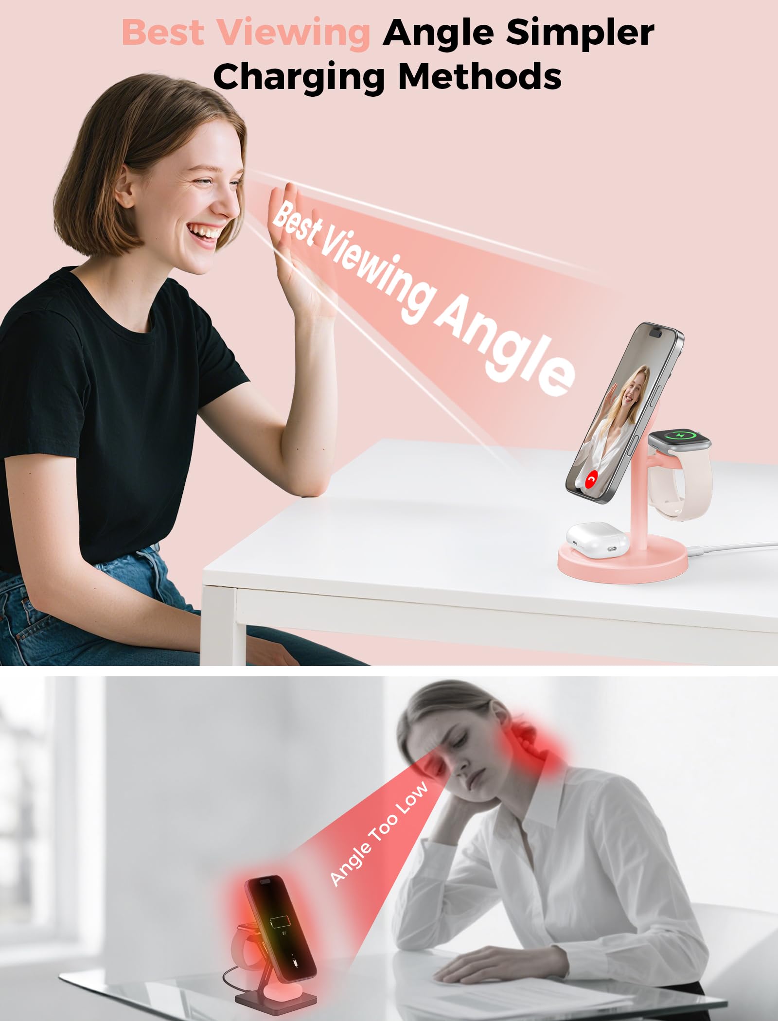 Aeinidi Station de Charge sans Fil 3 en 1 2025 Compatible avec MagSafe, Support de Chargeur magnétique Rapide Mag-Safe de 15 W pour Apple iPhone 17 16 15 14 13 12 iWatch AirPods Pro 4 3 2, Rose