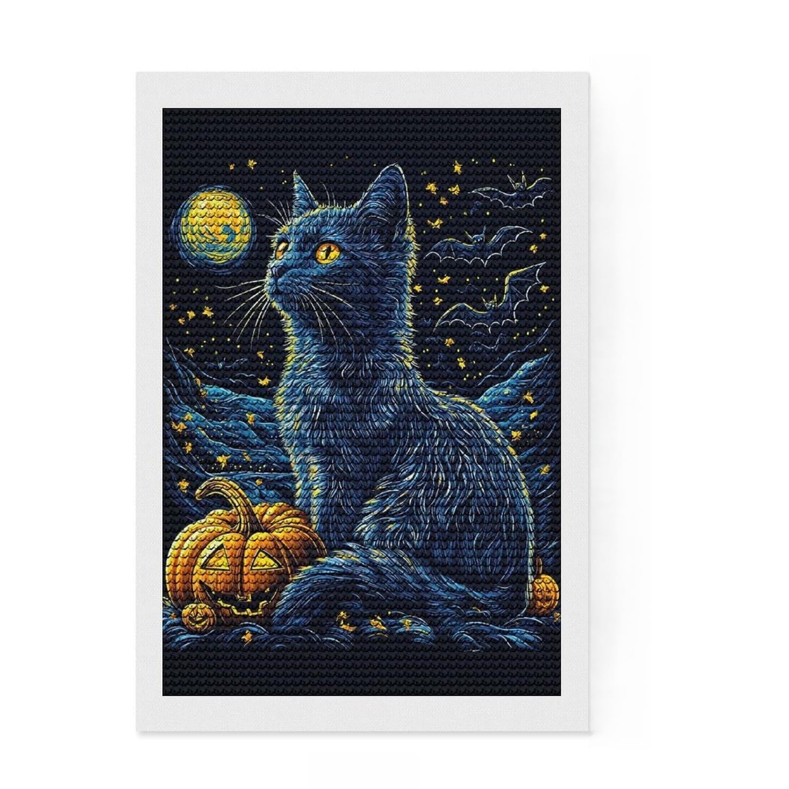 Junmoney Halloween Cat & Moon Round Drill Diamond Painting 8"x12", for Women, Easy to Enjoy, Home Wall Decor, Thoughtful Handmade Gift