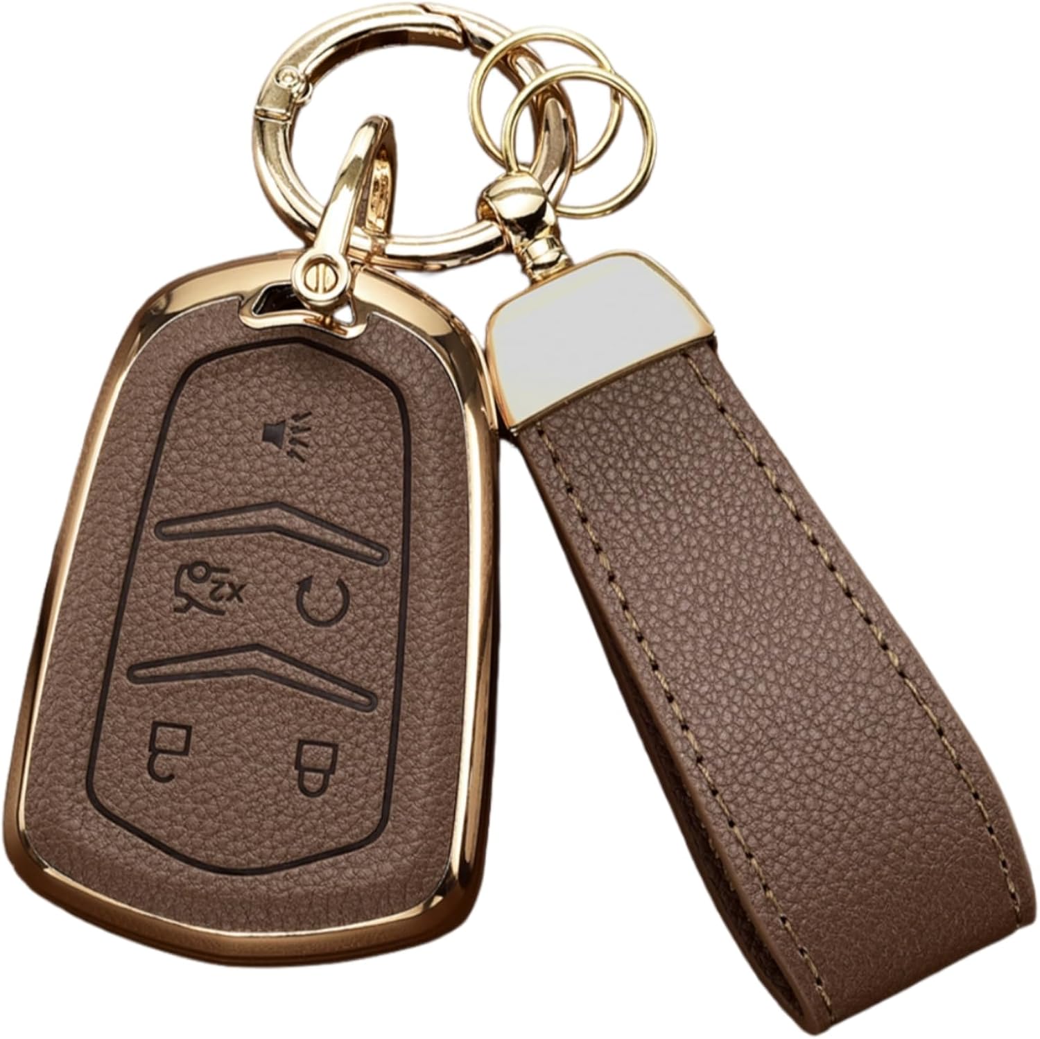 Key Fob Cover for Cadillac with Key Chain, Upper Leather + Soft TPU Key Cover Case Shell for Escalade ATS CTS STS SRX XT4 XT5 XT6 XTS CT6 (5 Buttons, Brown)