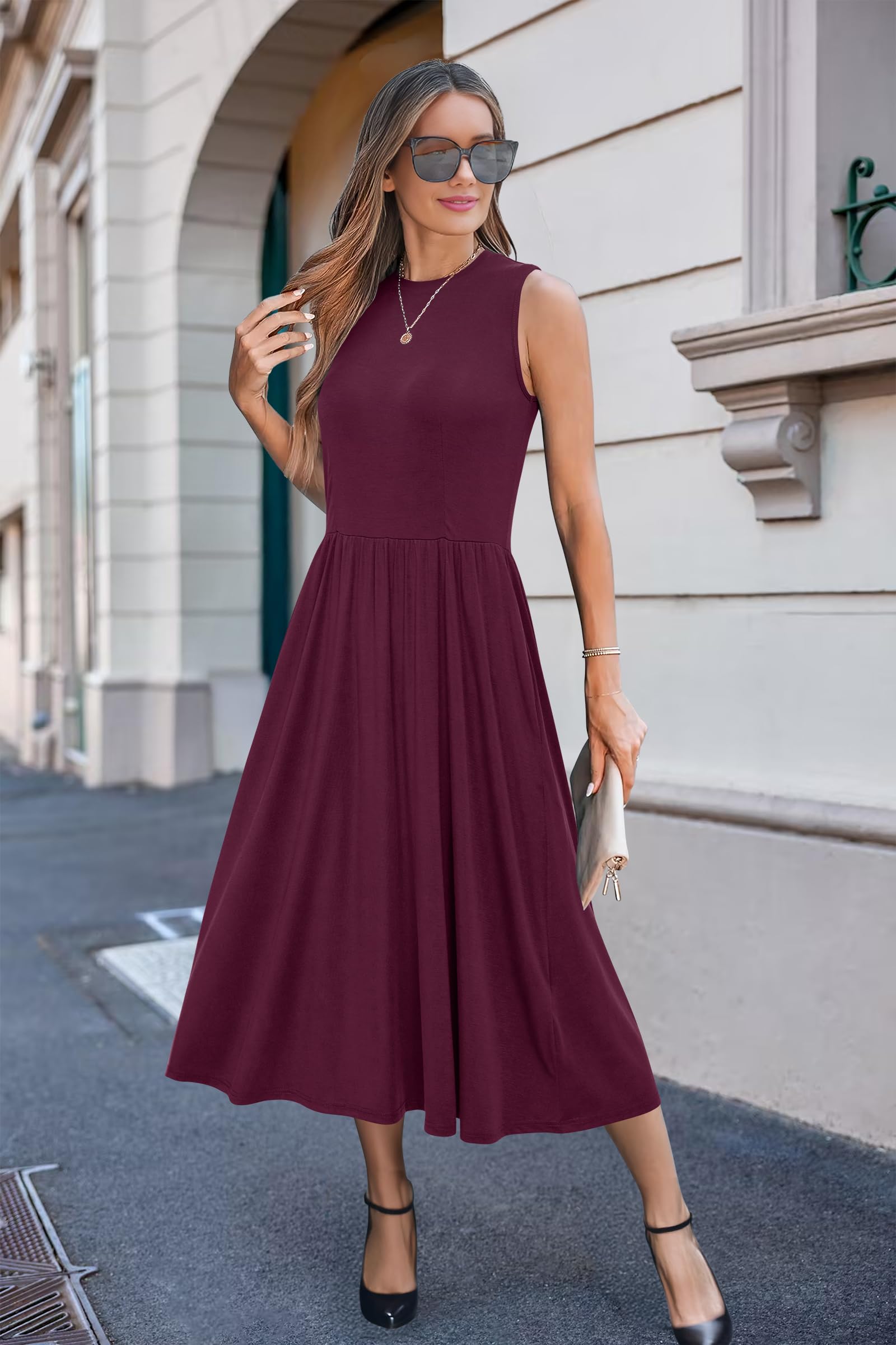 Newshows Abiti Estivi da Donna Senza Maniche Collo a Giro Midi Elegante Casual Formale Lavoro Ufficio Sundress con Tasche