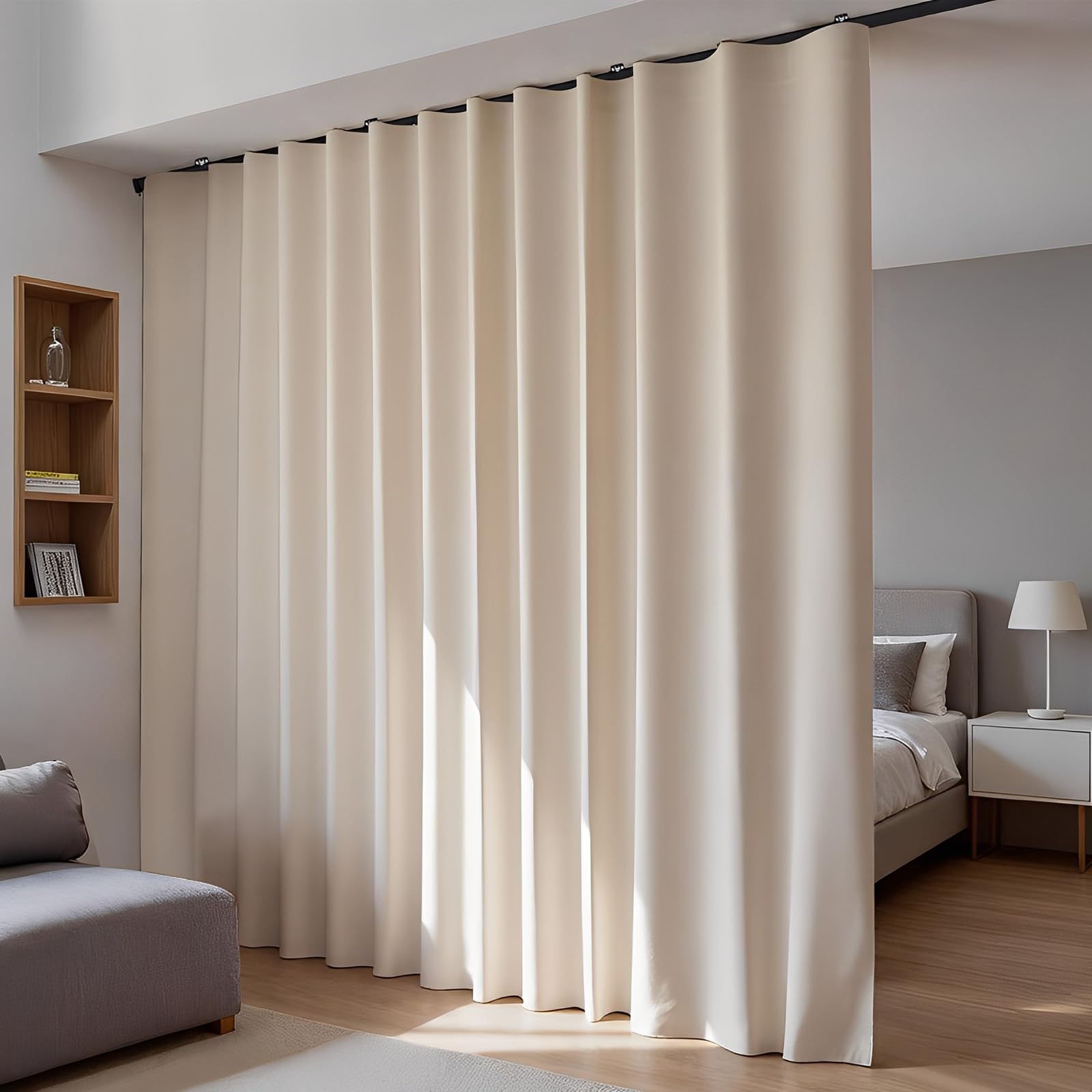 Room Divider Blackout Curtains Flexible Sliding Tracks Sets Ceiling Mounted Rod Window Curtain Privacy Separation for Bedroom Living Rooms,1 Panel Beige Drape and Black Track Set-W216xH72 in