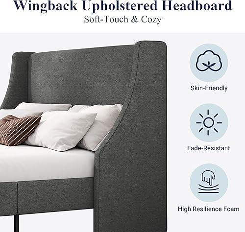 Miniatura 27 de Allewie Marco de cama de plataforma moderna, tamaño queen con respaldo de orejas, tapizado, con cabecera, soporte de listones de madera, base de