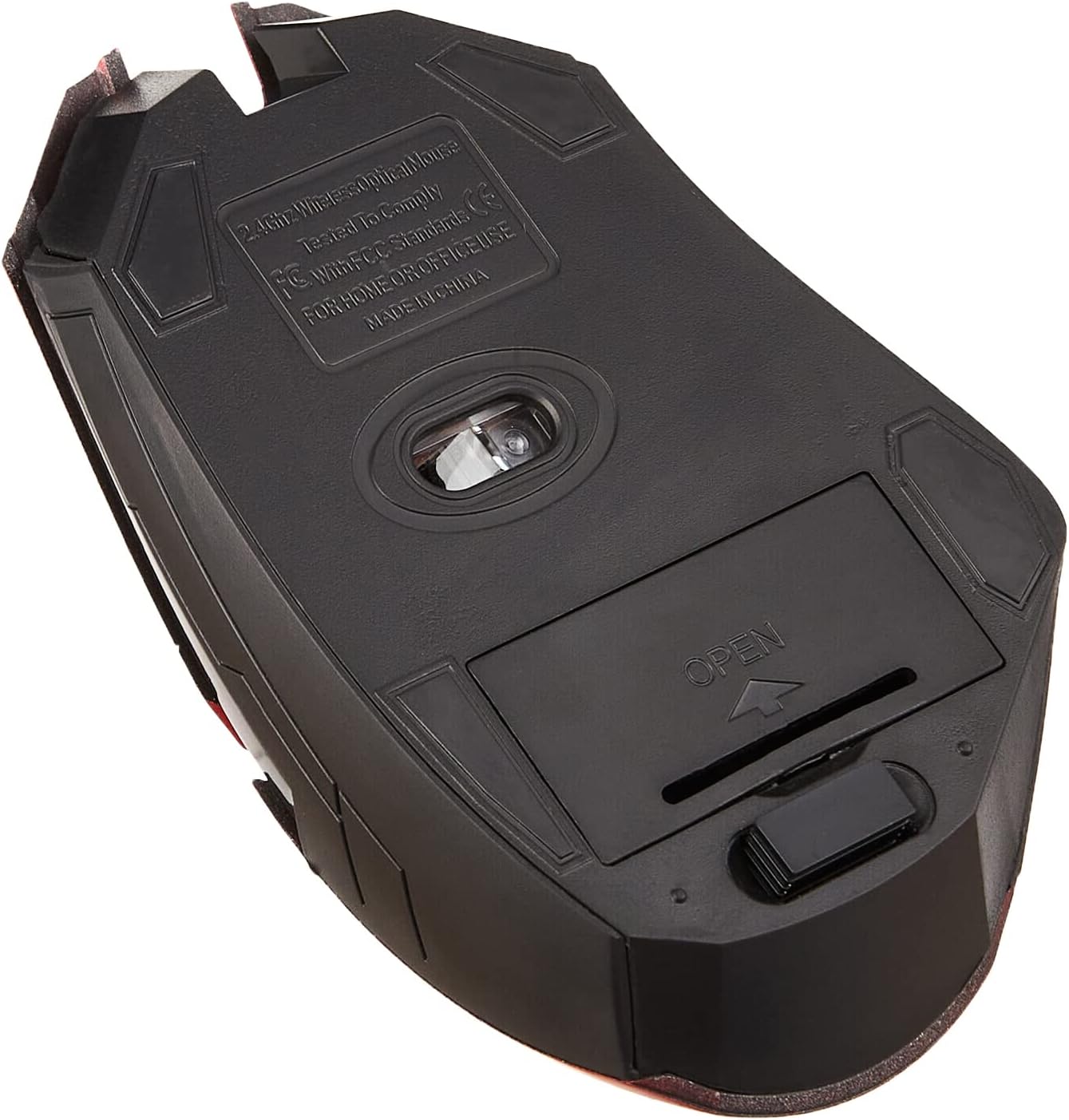 Bottom view of the iMICE E-1700 Wireless Mouse, showing the optical sensor, battery compartment, and power switch.