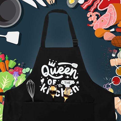 Miniatura 5 de Paquete de 3 divertidos delantales de cocina para mujeres y hombres, delantales de cocina negros a prueba de aceite con bolsillos ajustables, regalo
