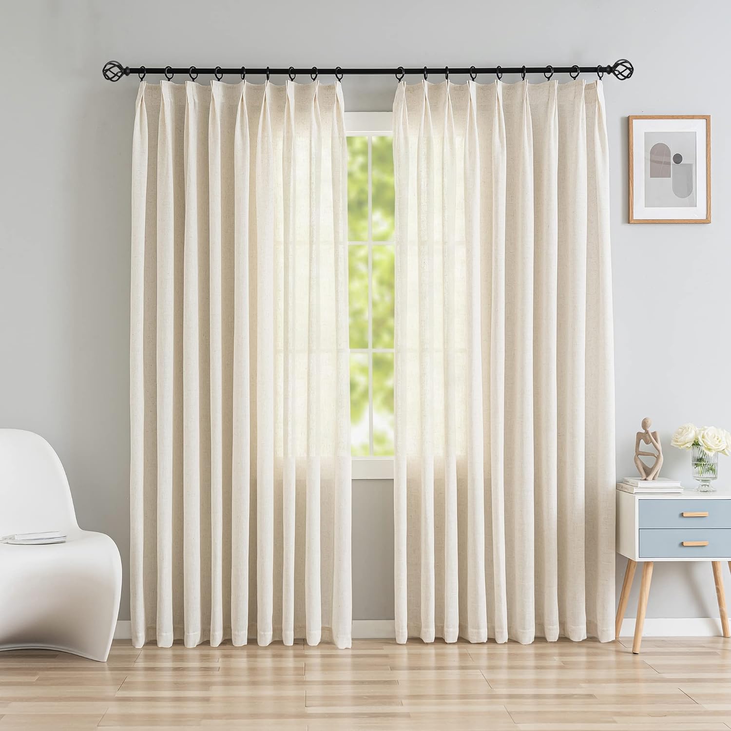 Faux Linen Pinch Pleated Curtains 84 inches Long Semi Sheer Curtains Pinch Pleated Drapes for Bedroom, Easy Hanging Via Hooks 1 Panel Natural Linen 54" W x 84" L