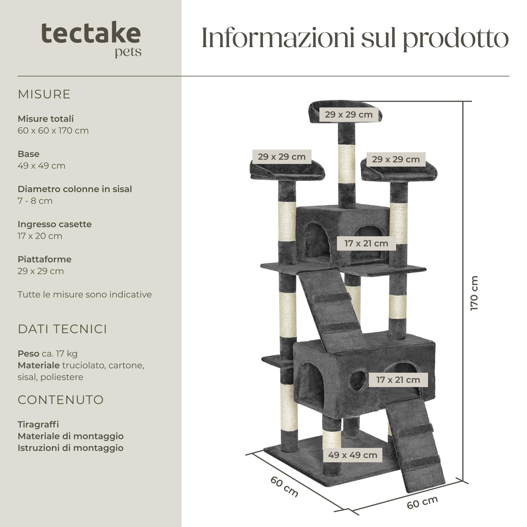 tectake® Tiragraffi per Gatti con Casette, Tiragraffi Gatto con Piattaforme e Colonna Grattatoio, Albero per Gatti Altezza 170 cm, Torre Gatti per Interni, Casa per Gatti - Grigio