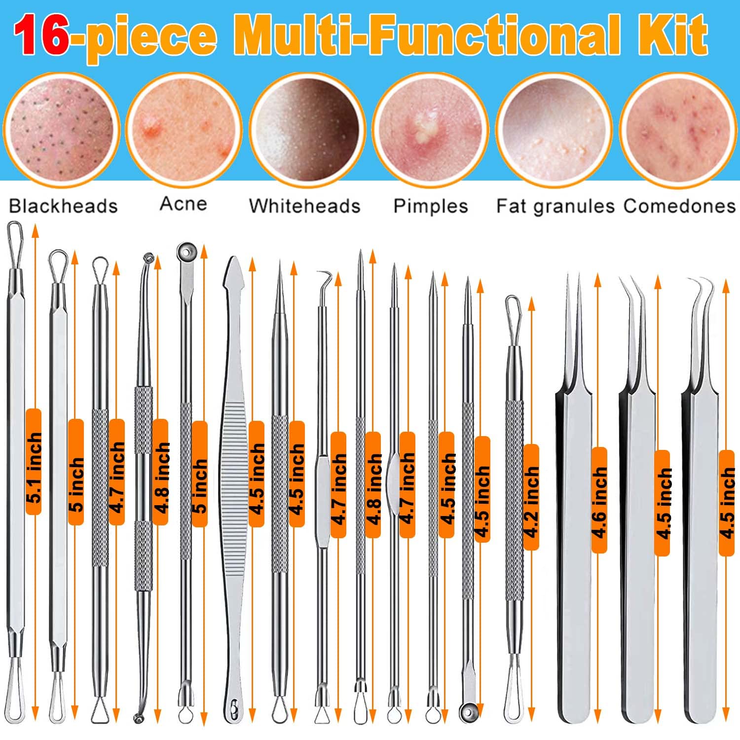 Blackhead Remover Tool, Pimple Popper Tool Kit, 16 Pack Professional Pimple Comedone Extractor Tool Acne Removal Kit - Image 2
