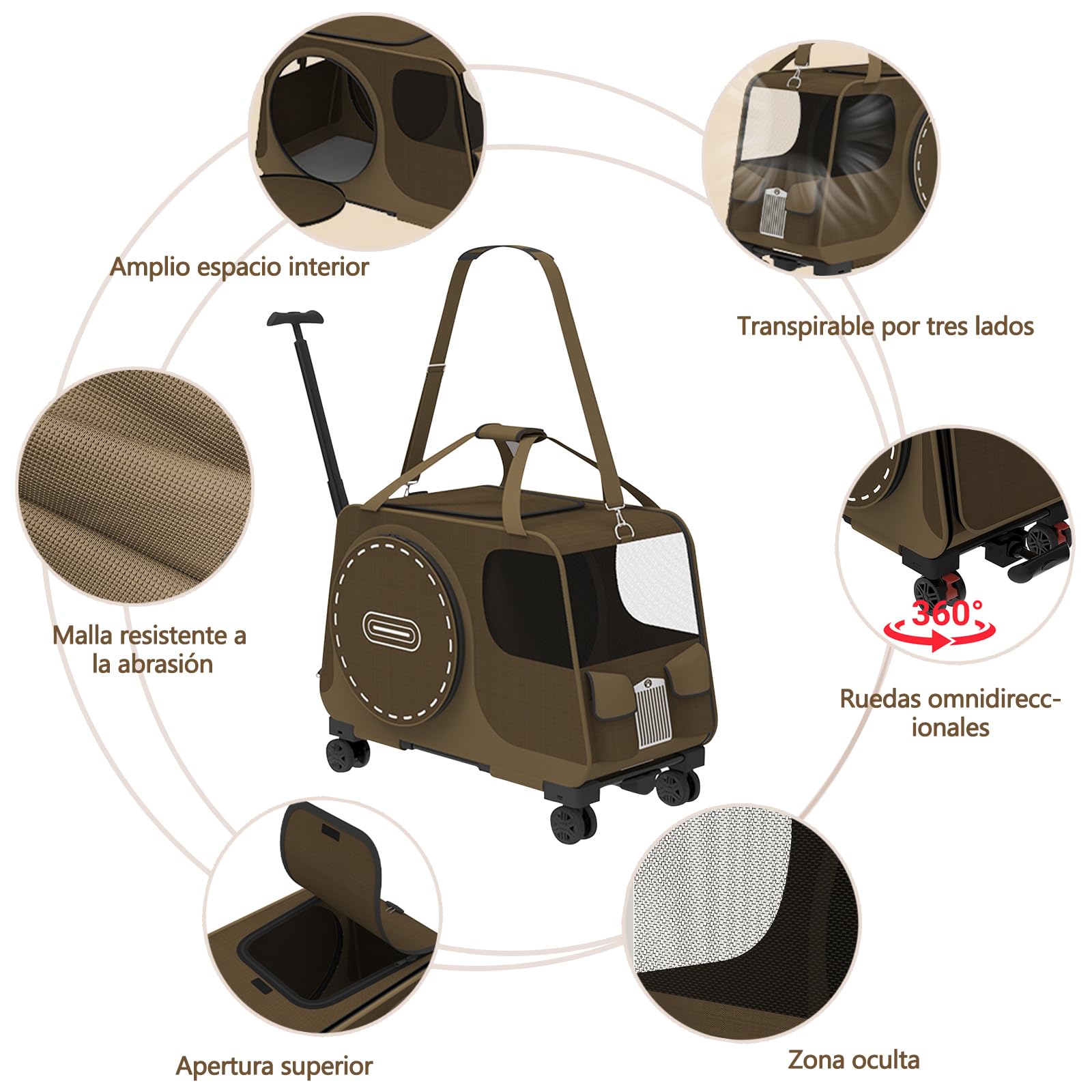Galatée Cochecito para Mascotas, Bolsa De Viaje para Perros con Ruedas Extraíbles, Bolsa para Gatos con Ventanas De Malla, Bolsa Plegable para Perros para Viajes, Camping y Exteriores(Marrón)