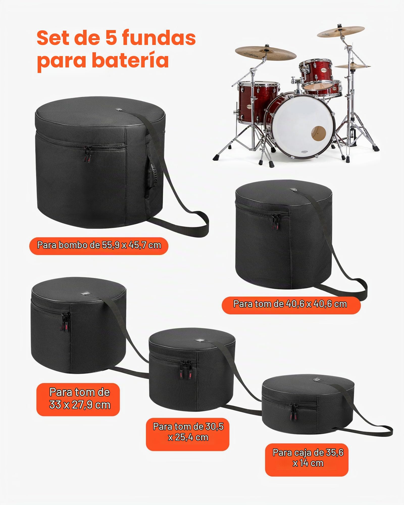 VEVOR Juego de 5 Bolsas de Tambores, Fundas Acolchadas para Toms de 12", 13" y 16", Bombo de 22", Caja de 14", con Correa de Hombro, de 600D Impermeable y Antichoque, para Tambores de Batería, Negro