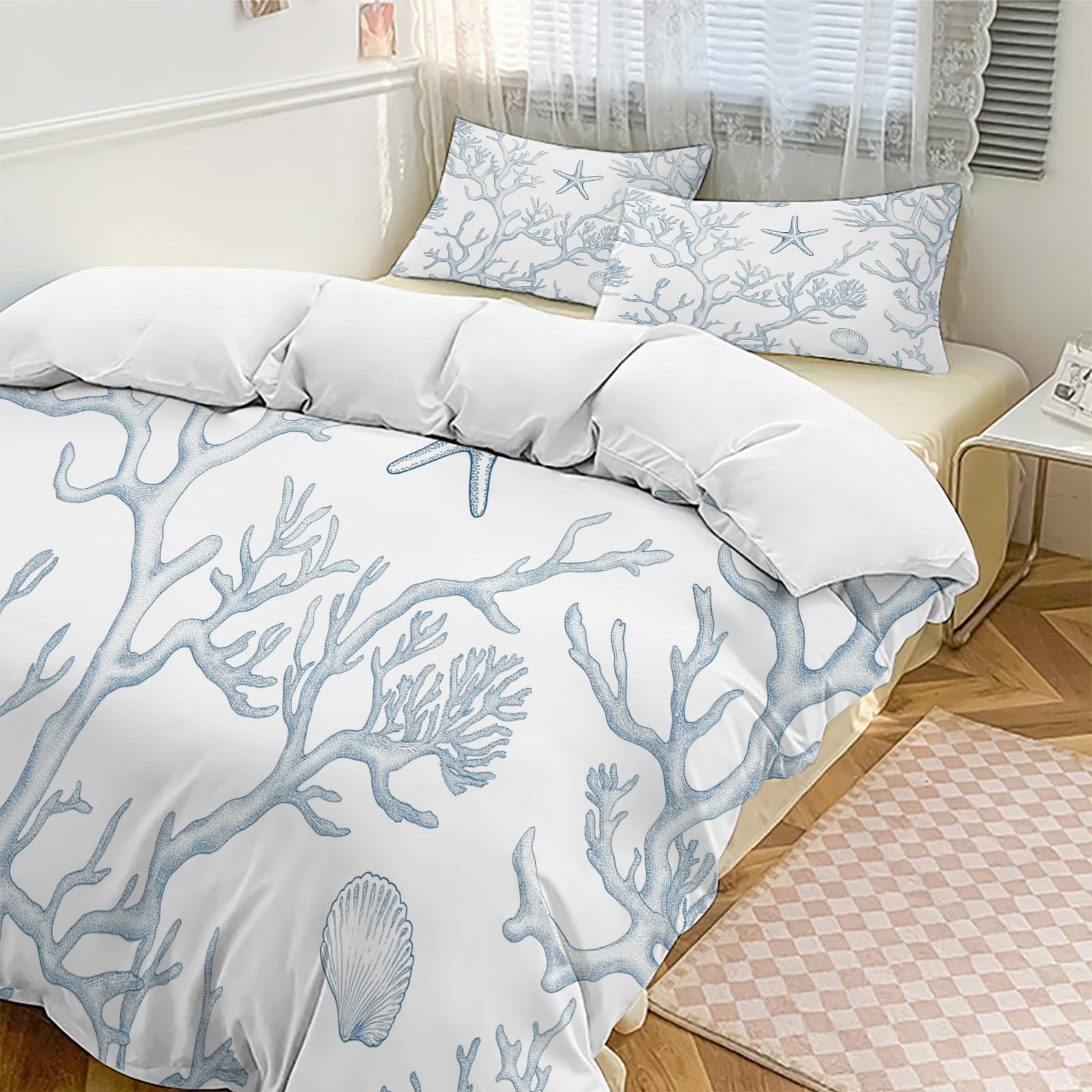 Housse de couette 220x240 luxueuse style vintage bohème bleu ciel coquille de qualité supérieure