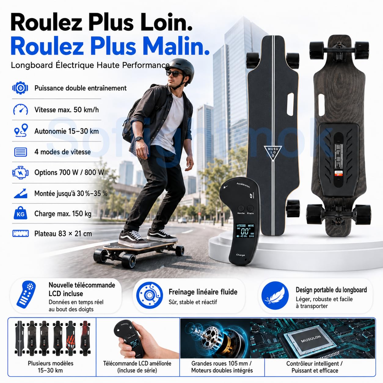 Skateboard électrique Adulte Tout Terrain avec Double Moteur, télécommande LCD, Plateau en érable 83x21cm, Roues PU Larges, Longboard Portable pour Loisirs, Campus et balades urbaines