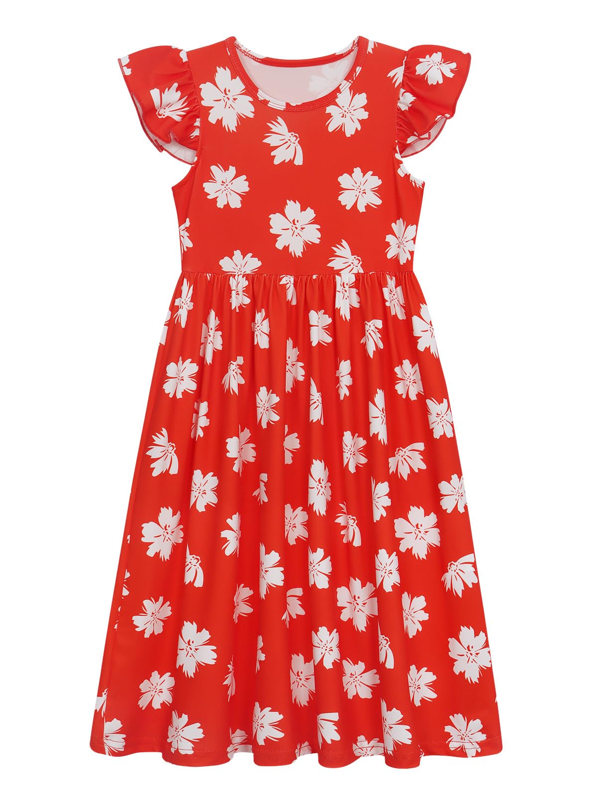 Jurebecia Hawaiian Dresses for Kids Girls Princess Costume Red Flutter Sleeve Hibiscus Flower Print Dress Halloween Christmas 7-8 Years - Image 3