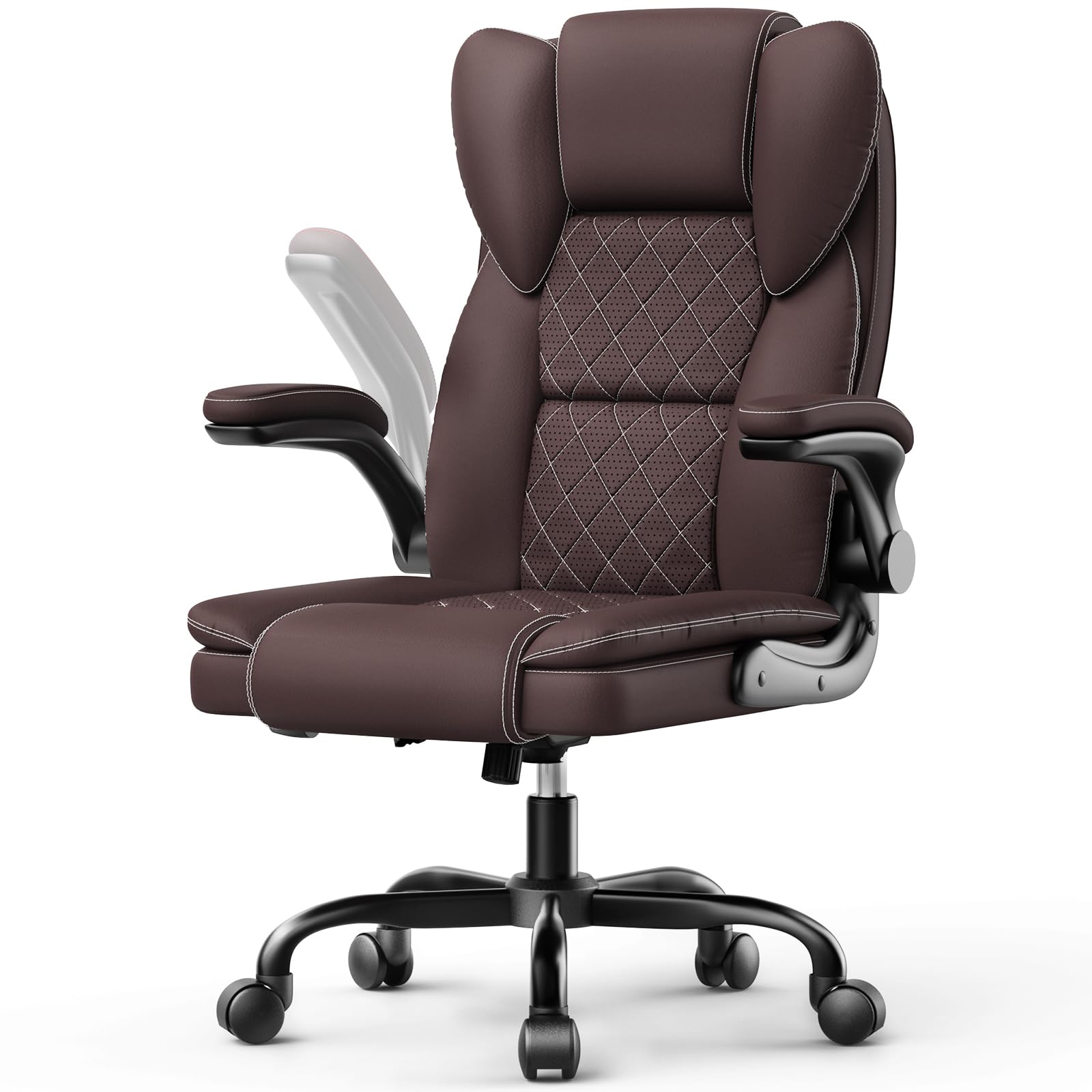 Desk Chair-Big Tall Ergonomic Office Chair with Adjustable Lumbar Support, Comfy PU Leather Flip-up Armrests Executive Computer Recliner, High Heavy Duty Home Office Brown Swivel Work Study Chair
